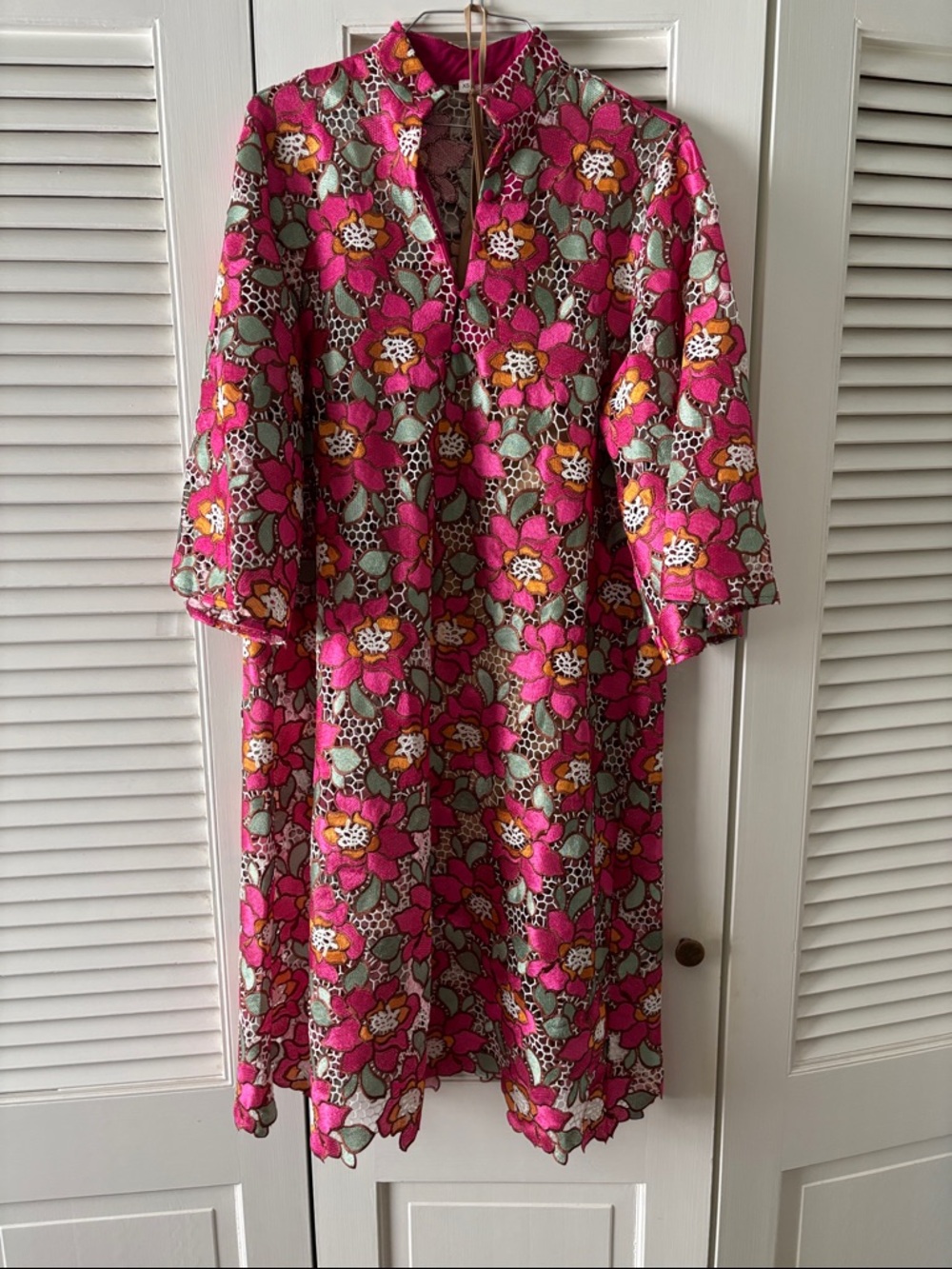 Victoria Dunn Pink Floral Midi Dress with Green and Yellow Accents